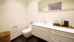 Deluxe Apartment | Bathroom | Shower, hair dryer, towels, soap