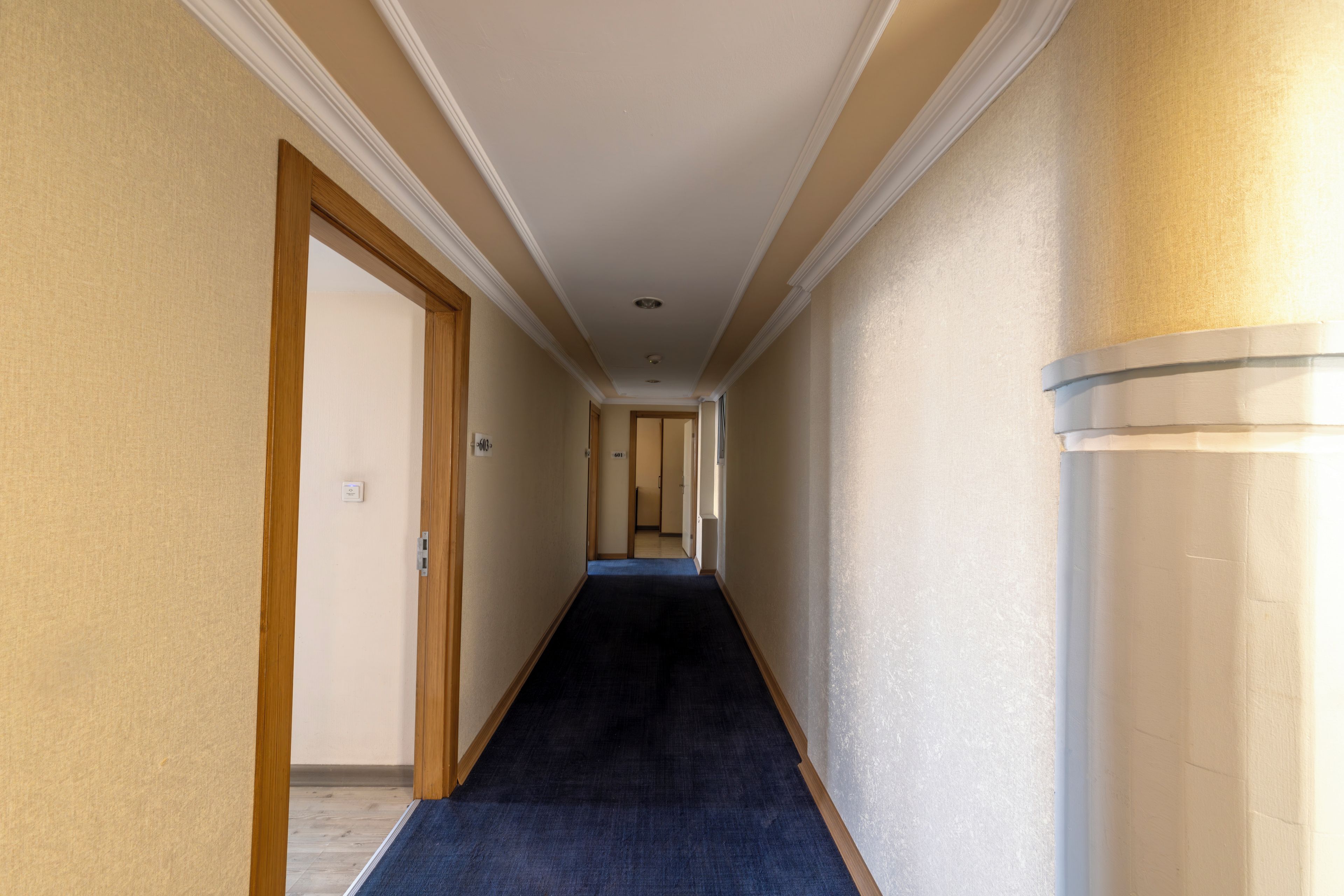 Un pasillo de hotel con piso alfombrado, puertas de madera y paredes color crema.