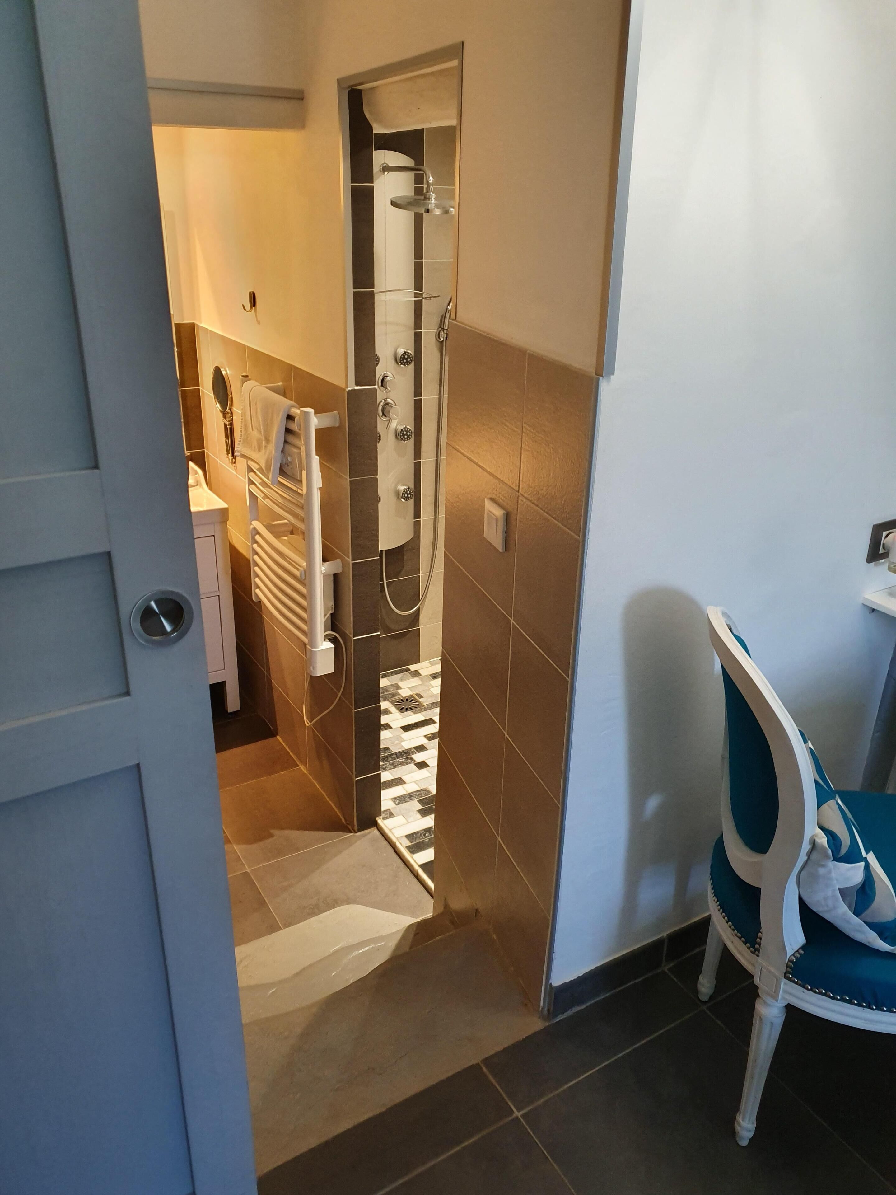 Ein Badezimmer mit Dusche, Handtuchhalter und Stuhl.