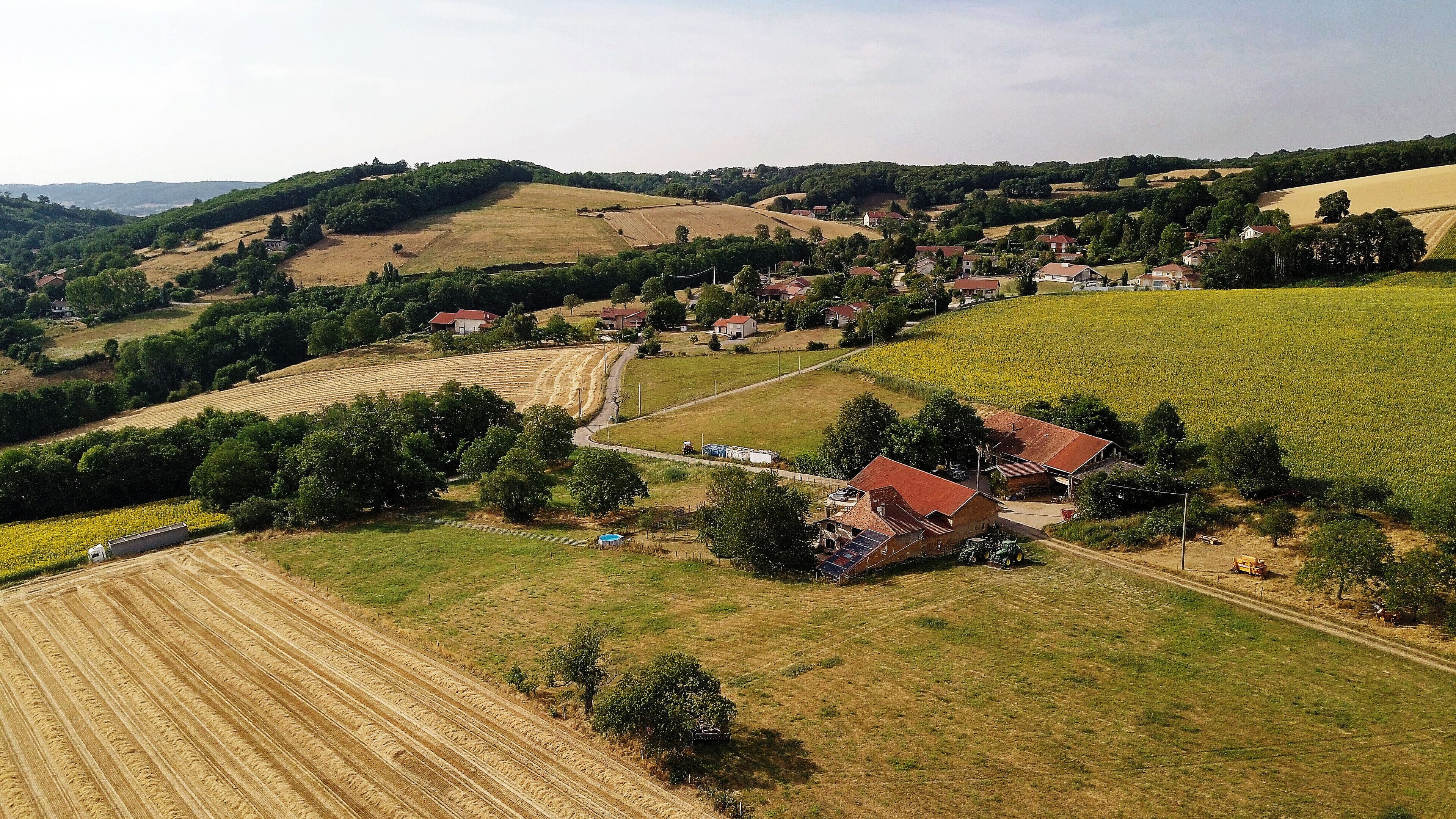 Ländliche Landschaft mit Feldern, Häusern und einer Straße.