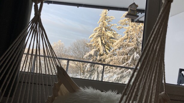 A hammock chair with a view of snow-covered trees through a window. - Fantastic vacation apartment "Waldhonig" (St. Englmar)