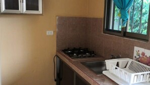 Cocina compacta con estufa a gas, un lavamanos y una ventana con cortina.