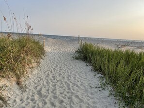 A sandy beach path with grass on either side, leading to the ocean.
