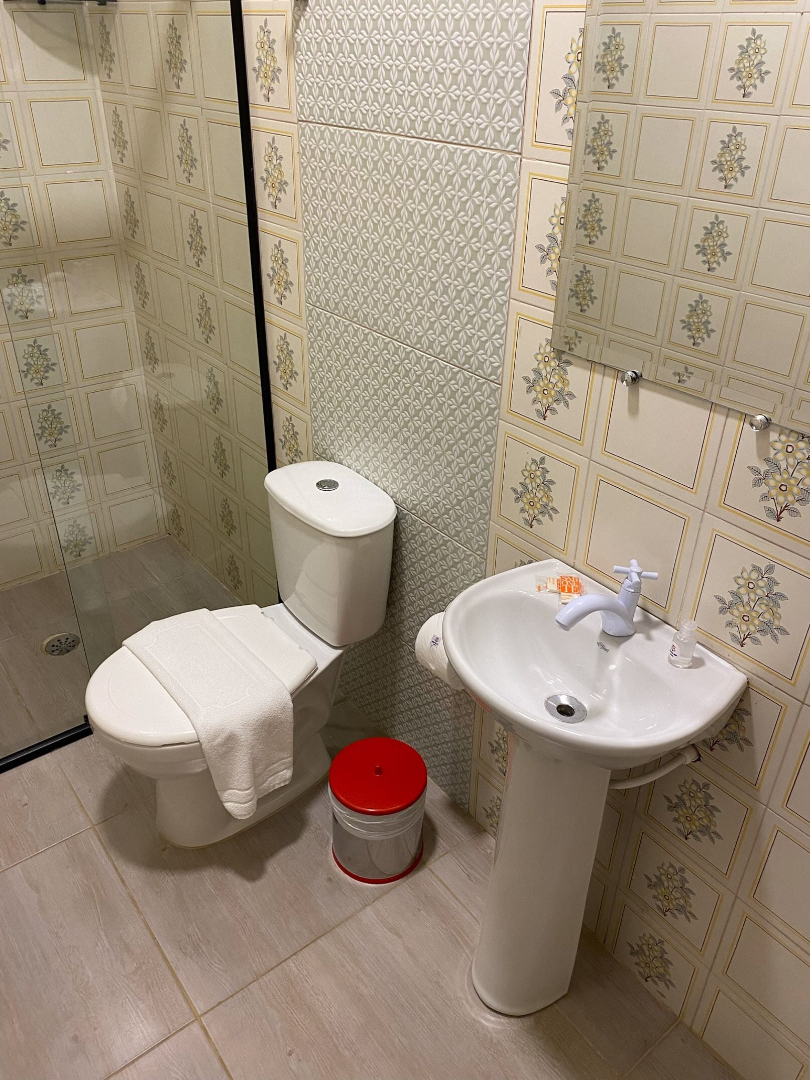 Une salle de bain avec des toilettes, un lavabo et un seau rouge posé sur le sol.