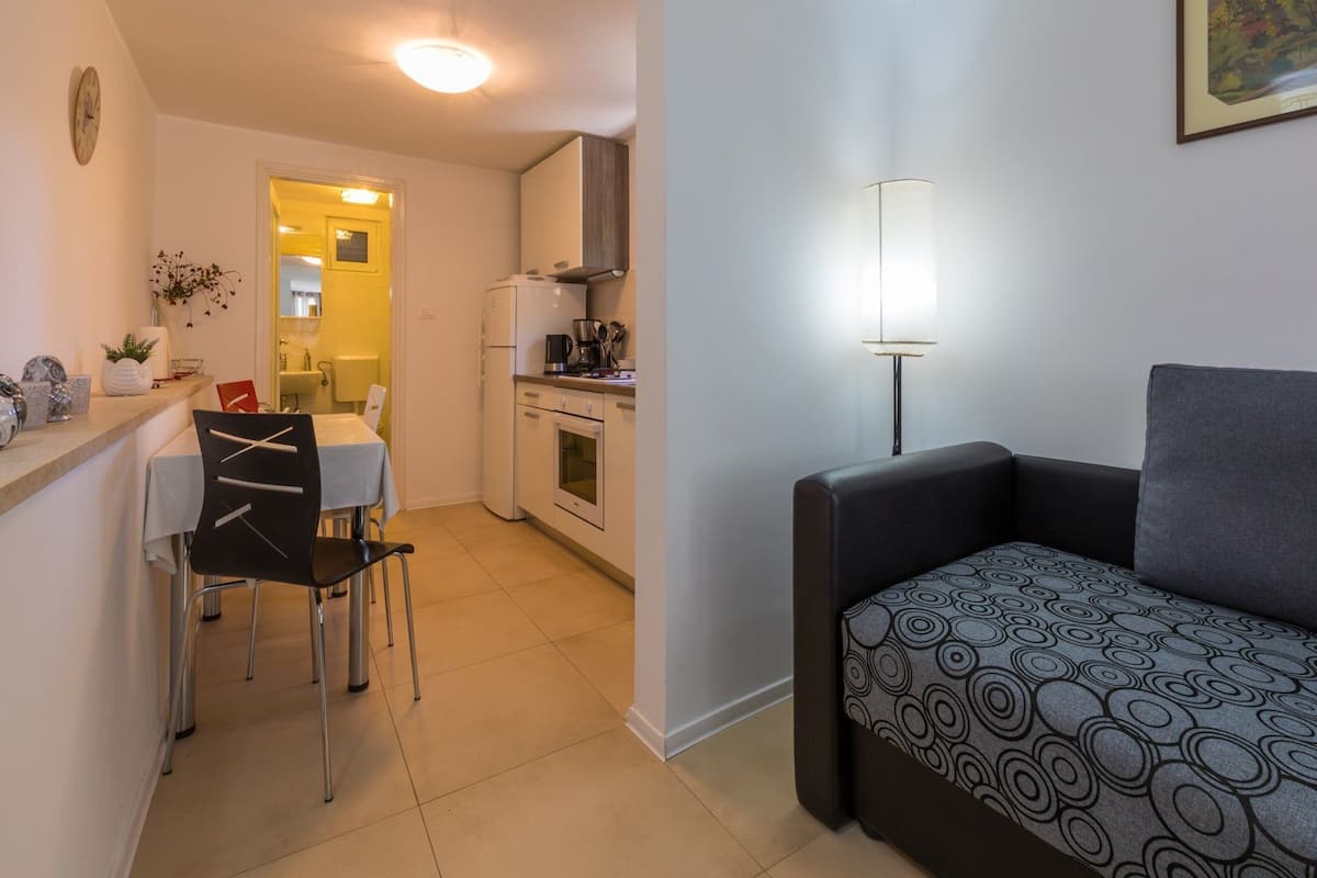A compact living space with a kitchenette, a dining area, and a seating area with a patterned sofa.