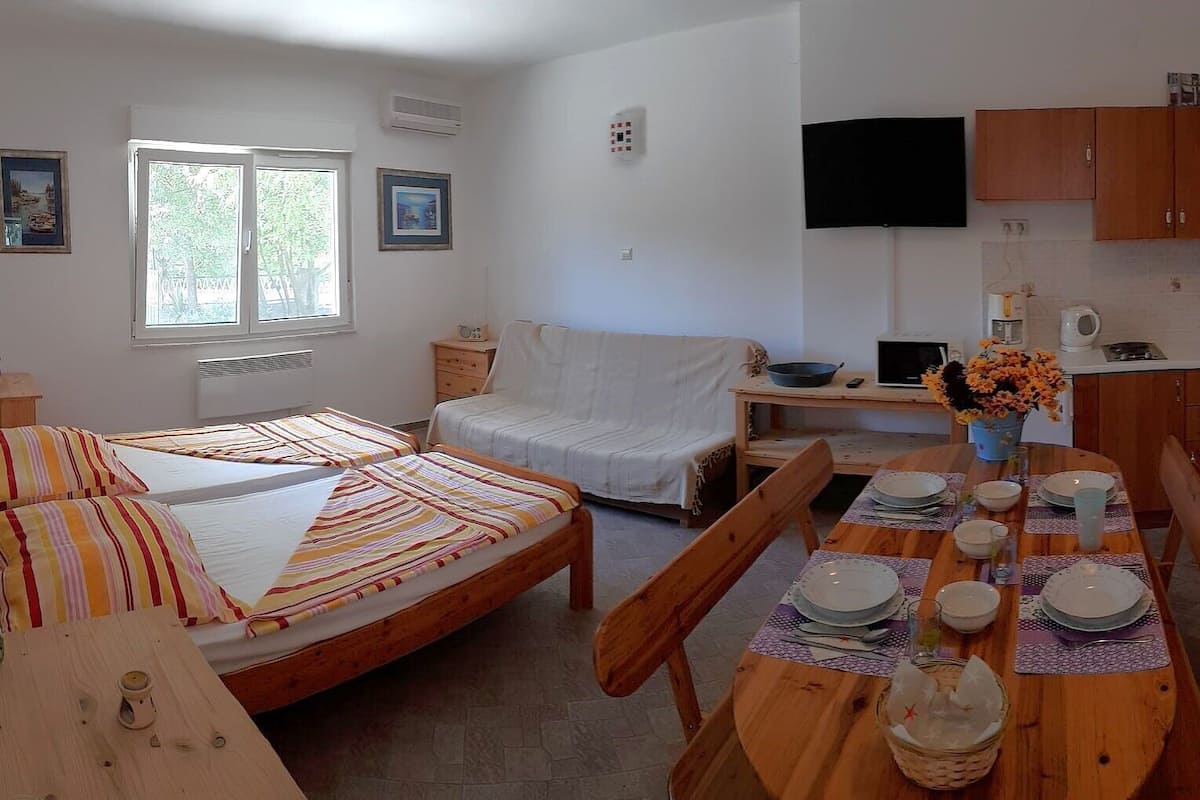 A room with a bed, a dining table set with plates and a vase of flowers, a kitchen area with wooden cabinets, and a television on the wall.