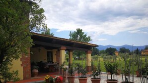 A building with a covered patio area, surrounded by potted plants and a grassy lawn. - La Fornace del Sole (Capannori)