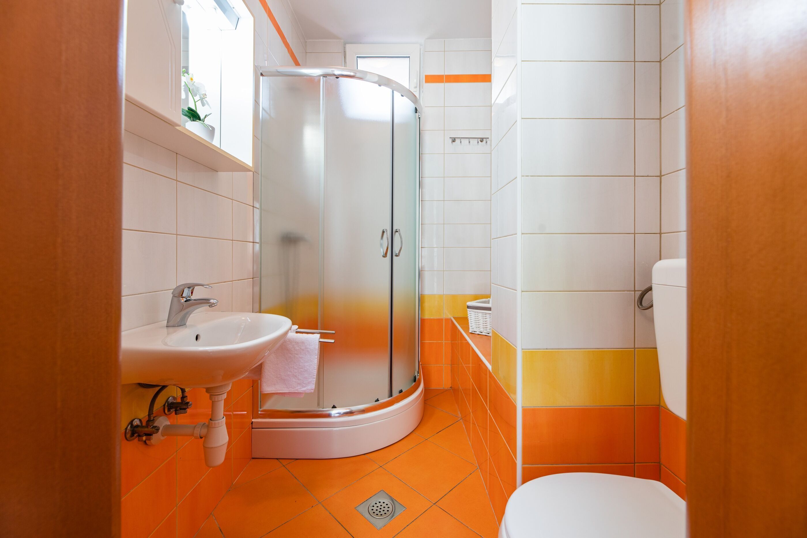 Een badkamer met een douche, wastafel en toilet.