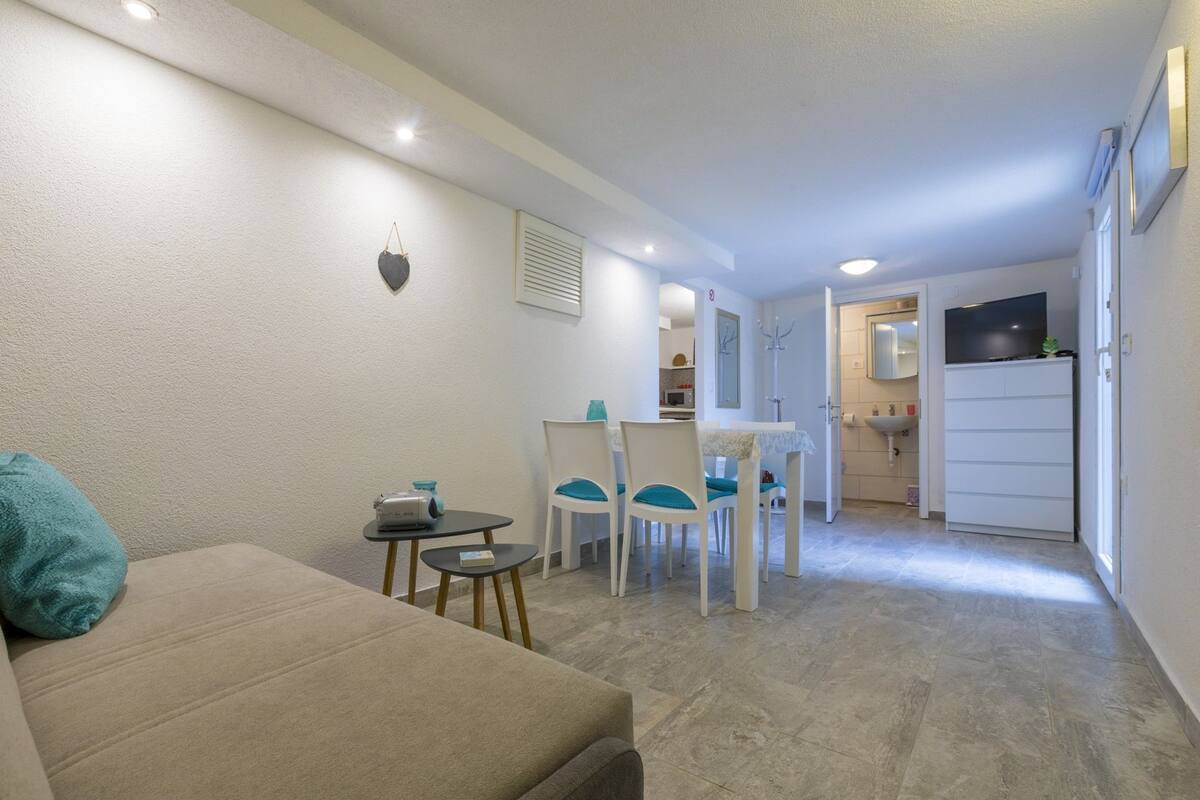 Un ambiente compatto con divano, un piccolo tavolo da pranzo con sedie, angolo cottura e bagno parzialmente visibile da una porta aperta.