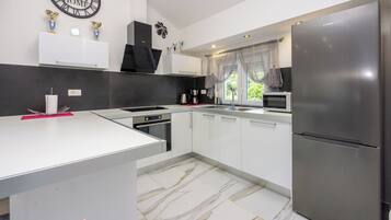 Apartment (A3) | Private kitchen | Fridge, microwave, oven, stovetop