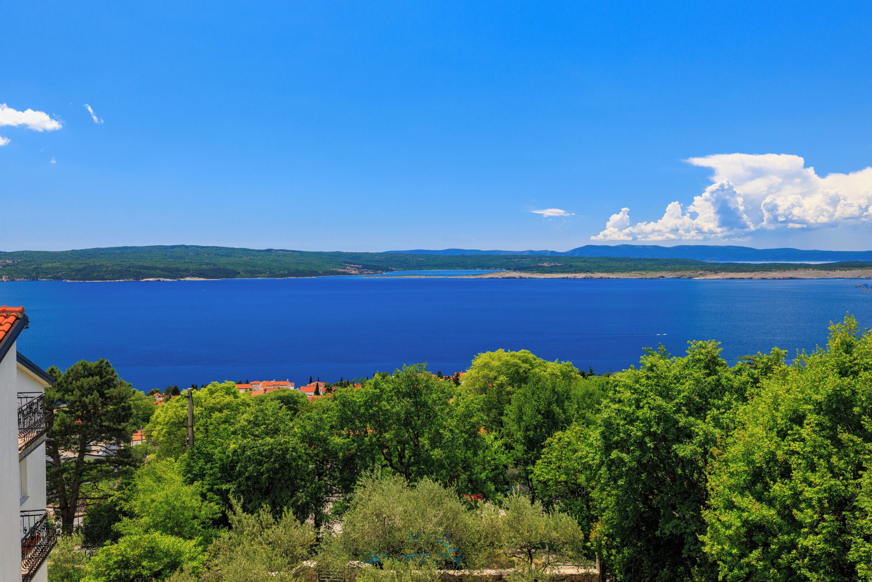 Ein Küstenblick mit blauem Himmel, weitem Wasserblick und Grün im Vordergrund.