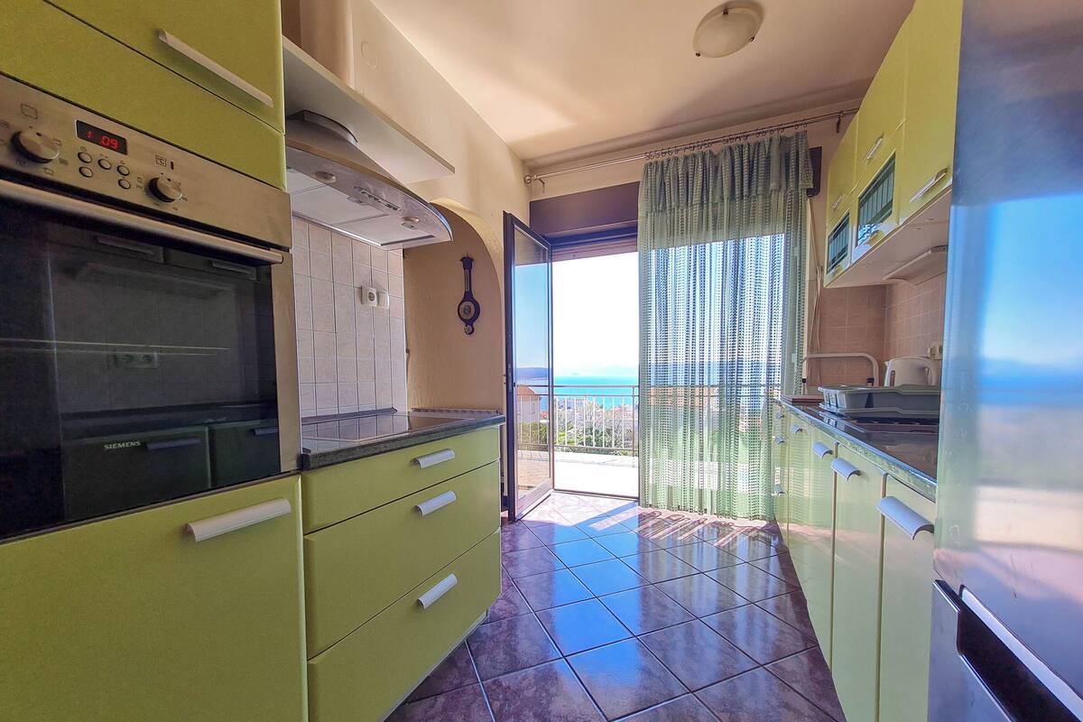 A kitchen with green cabinets, a Siemens oven, and a view to the outside.