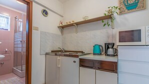Una cucina compatta con lavandino, fornello e microonde.