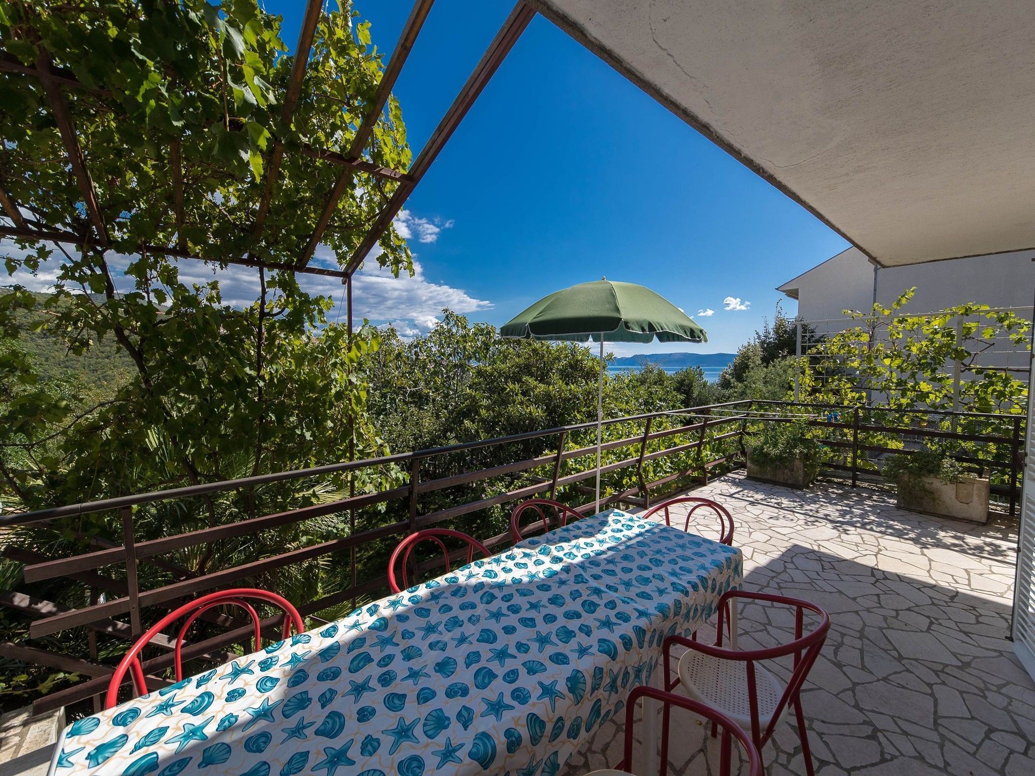 An outdoor patio with a table and chairs, a green umbrella, and a view of the sea.