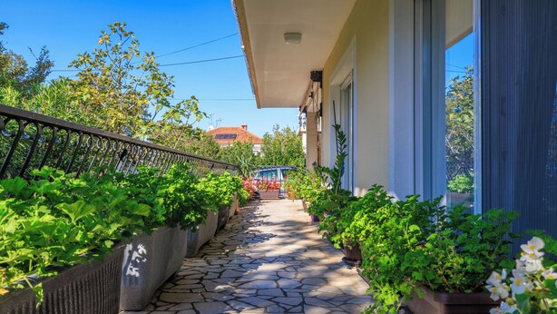 Un chemin pavé de pierres, bordé de plantes en pot, mène à l’entrée d’un bâtiment.