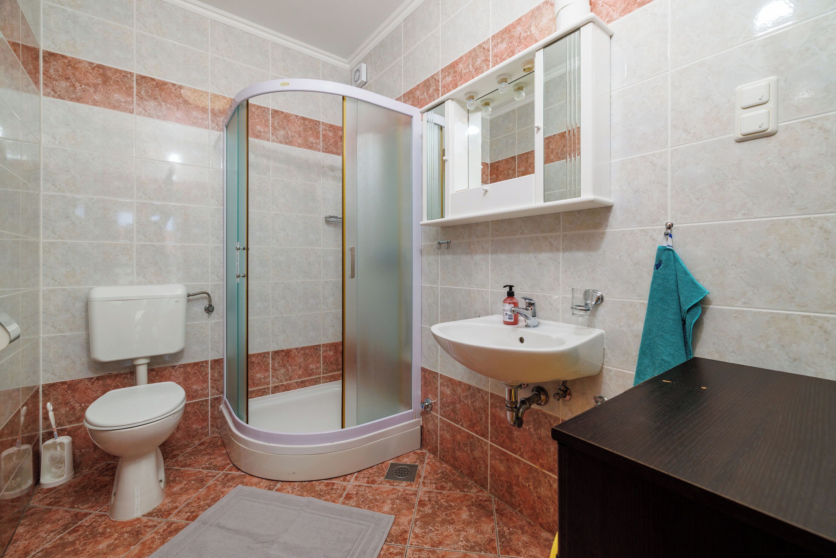 A bathroom with a toilet, shower, sink, and a mirror.