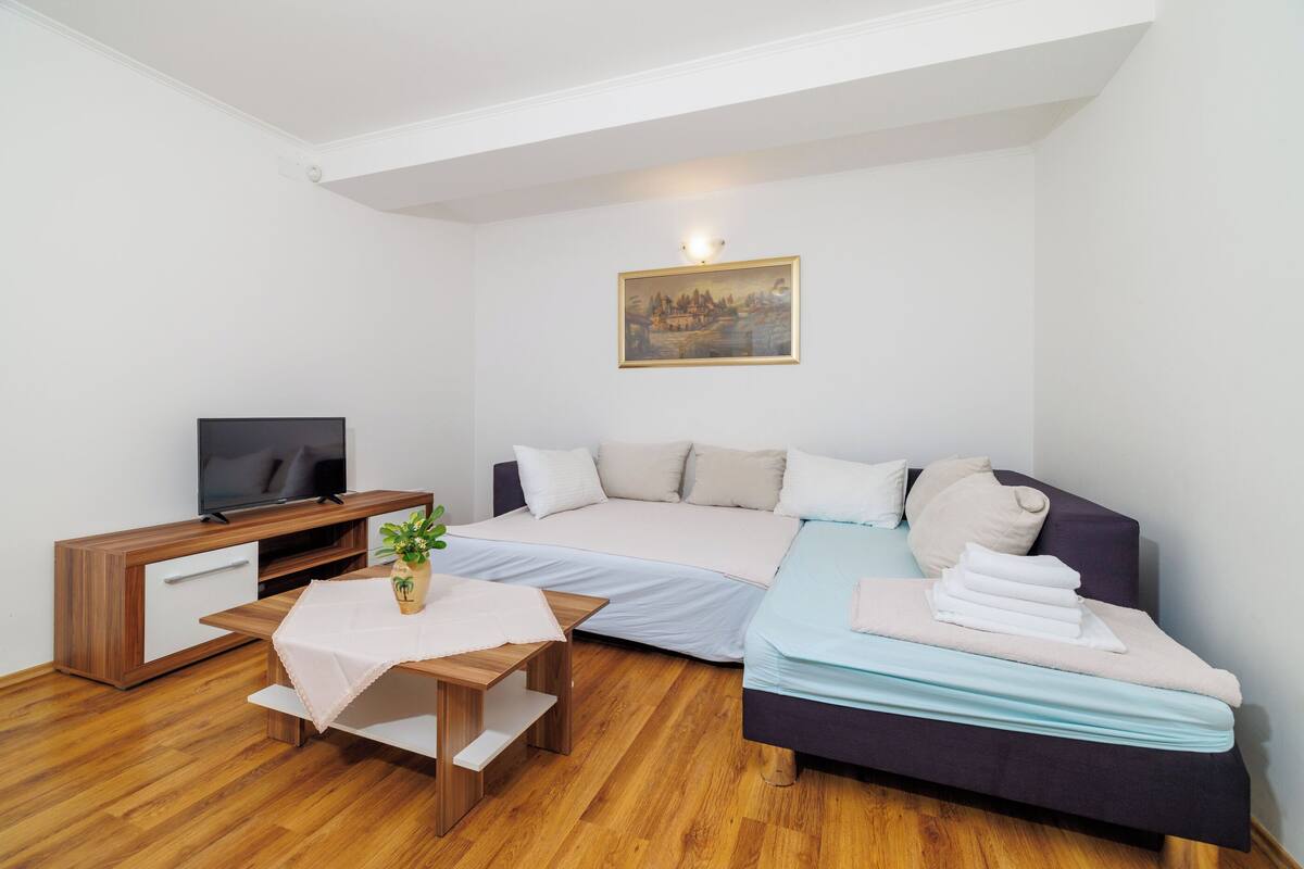 Une chambre à coucher avec un lit, une télévision, une petite table avec une plante et un tableau au mur.
