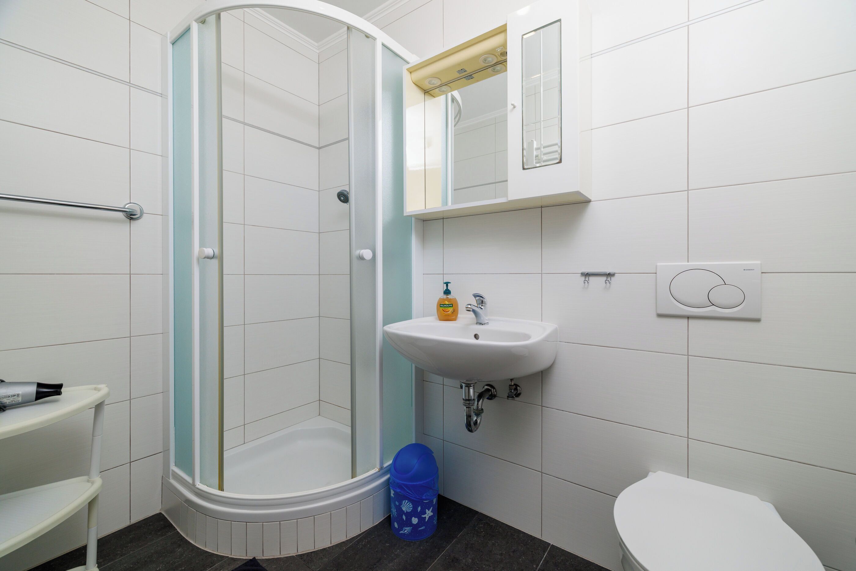 Une salle de bain avec une douche à parois de verre, un lavabo, des toilettes et une poubelle bleue.
