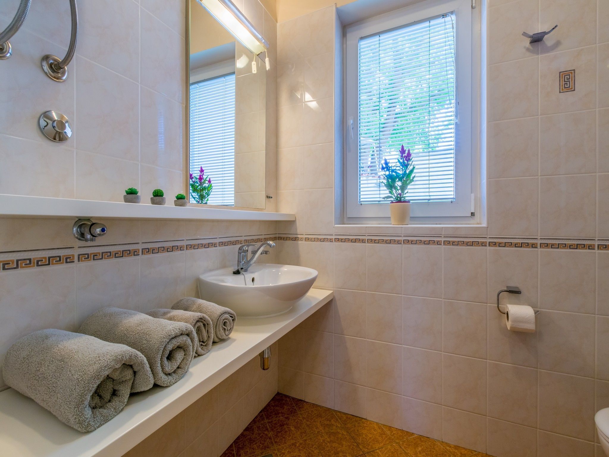 Baño con lavamanos, espejo, toallero, ducha y ventana.