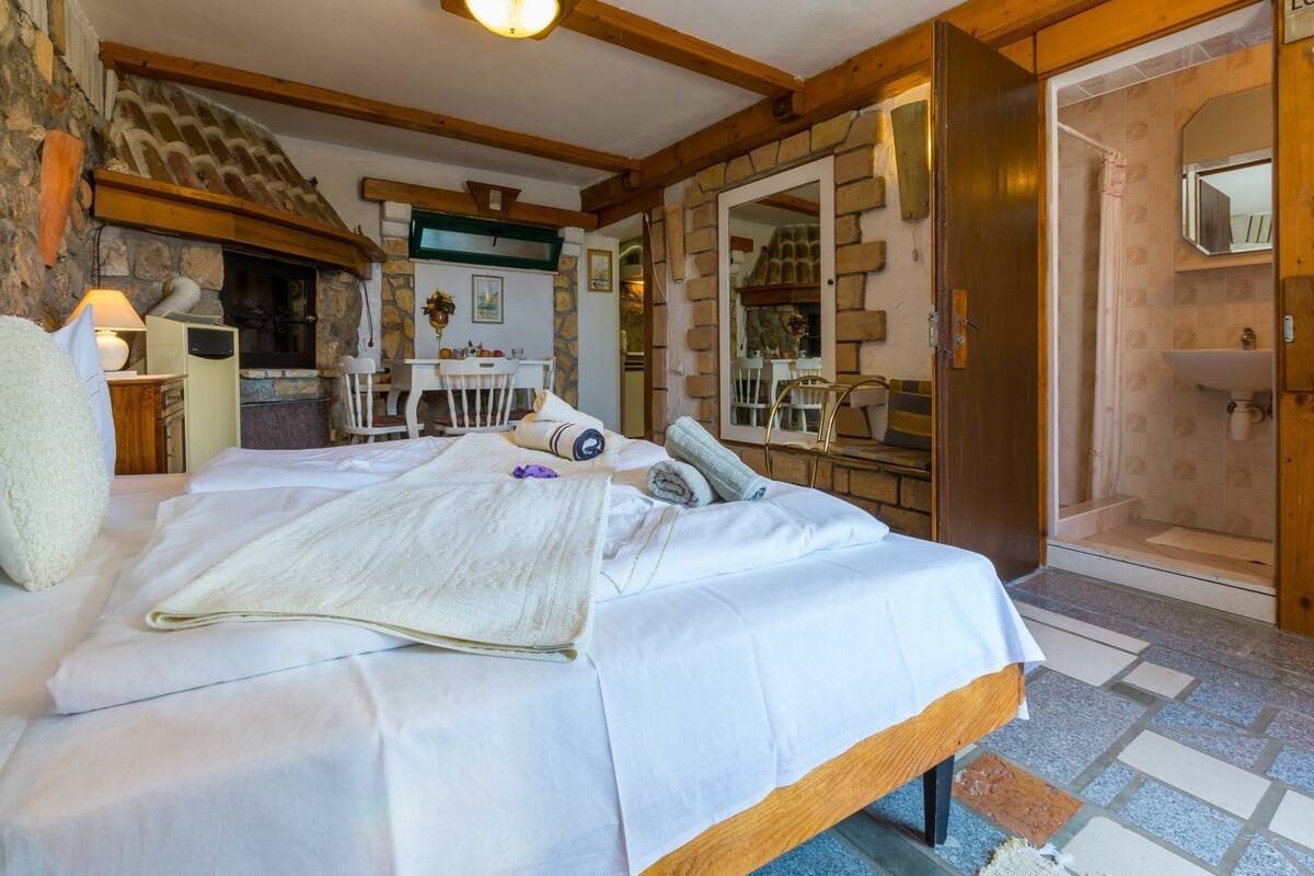 A cozy bedroom with a large bed, a wooden headboard, a stone fireplace, and a bathroom with a shower and sink.