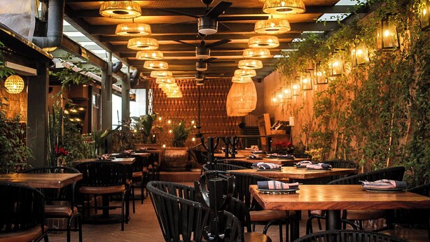 Un restaurant intérieur avec des tables et des chaises en bois, des luminaires suspendus et un mur recouvert de verdure.