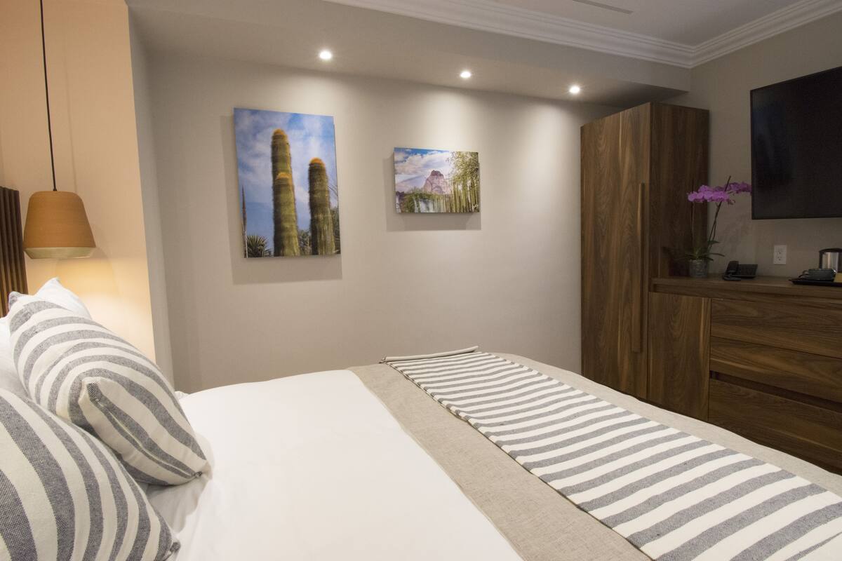 Une chambre d’hôtel avec un lit, des coussins à rayures, un tapis à rayures, une armoire en bois, un téléviseur fixé au mur et deux œuvres d’art encadrées accrochées au mur.