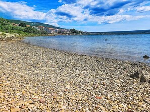 A pebbled beach with a clear view of the water and distant buildings.