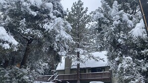 A building with a covered parking area and snow-covered trees. - Quail Run 4,000 Sq.Ft Largest and Most Beautiful Cabin On The Mountain (Pine Mountain Club)