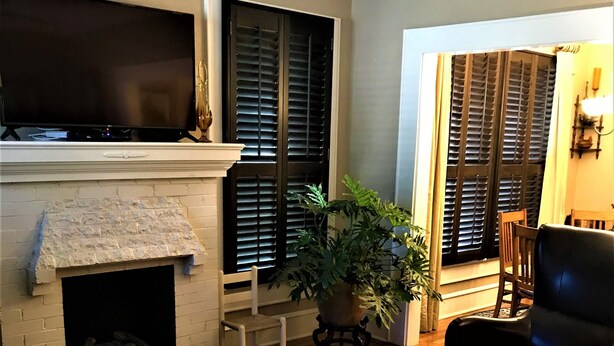 A living room with a fireplace, a television, a sofa, a chair, and a potted plant. - Hughes Street House! (Nacogdoches)