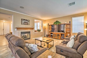 TV, fireplace, video games, DVD player