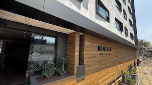 Fachada moderna de hotel con un panel de madera decorativo, una valla metálica y plantas en macetas.