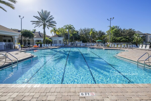Outdoor pool, pool umbrellas, sun loungers