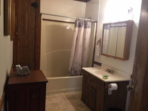 Combined shower/tub, towels, toilet paper