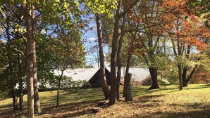 A park with trees, a grassy area, and a building with a sloped roof.