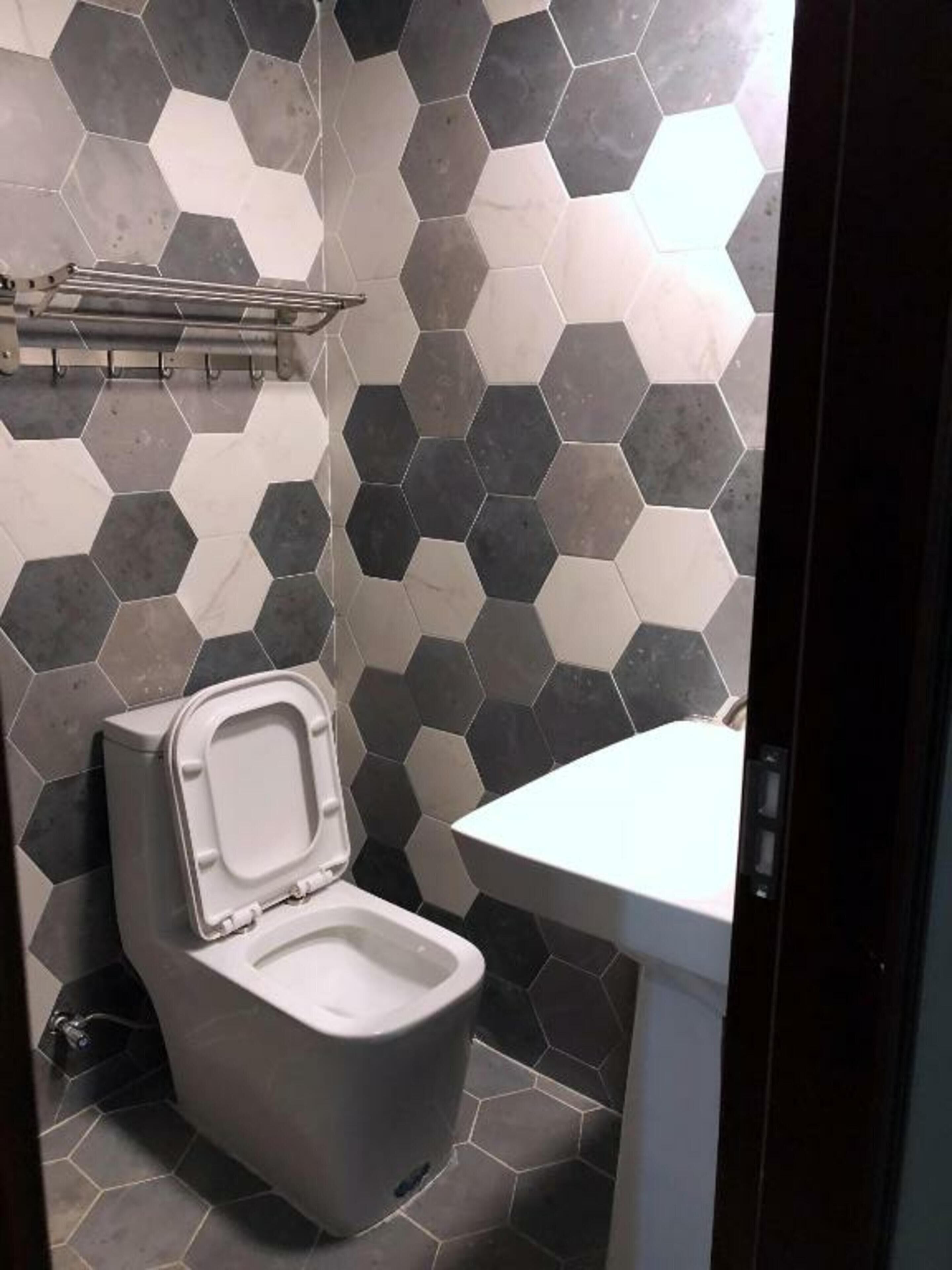 A bathroom with a toilet, sink, and hexagonal patterned wall tiles.