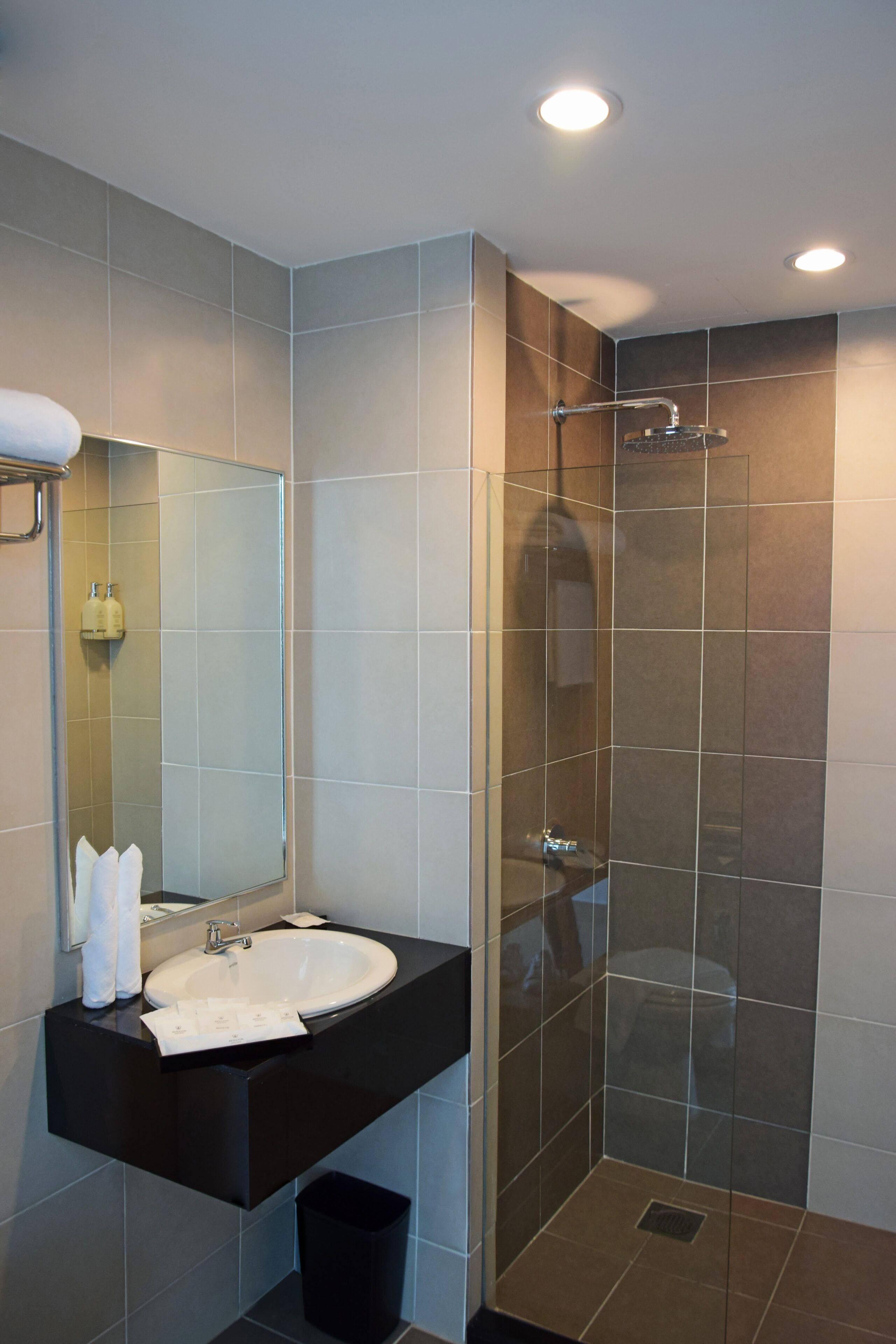 A modern bathroom with a black sink, a large mirror, and a glass-enclosed shower.