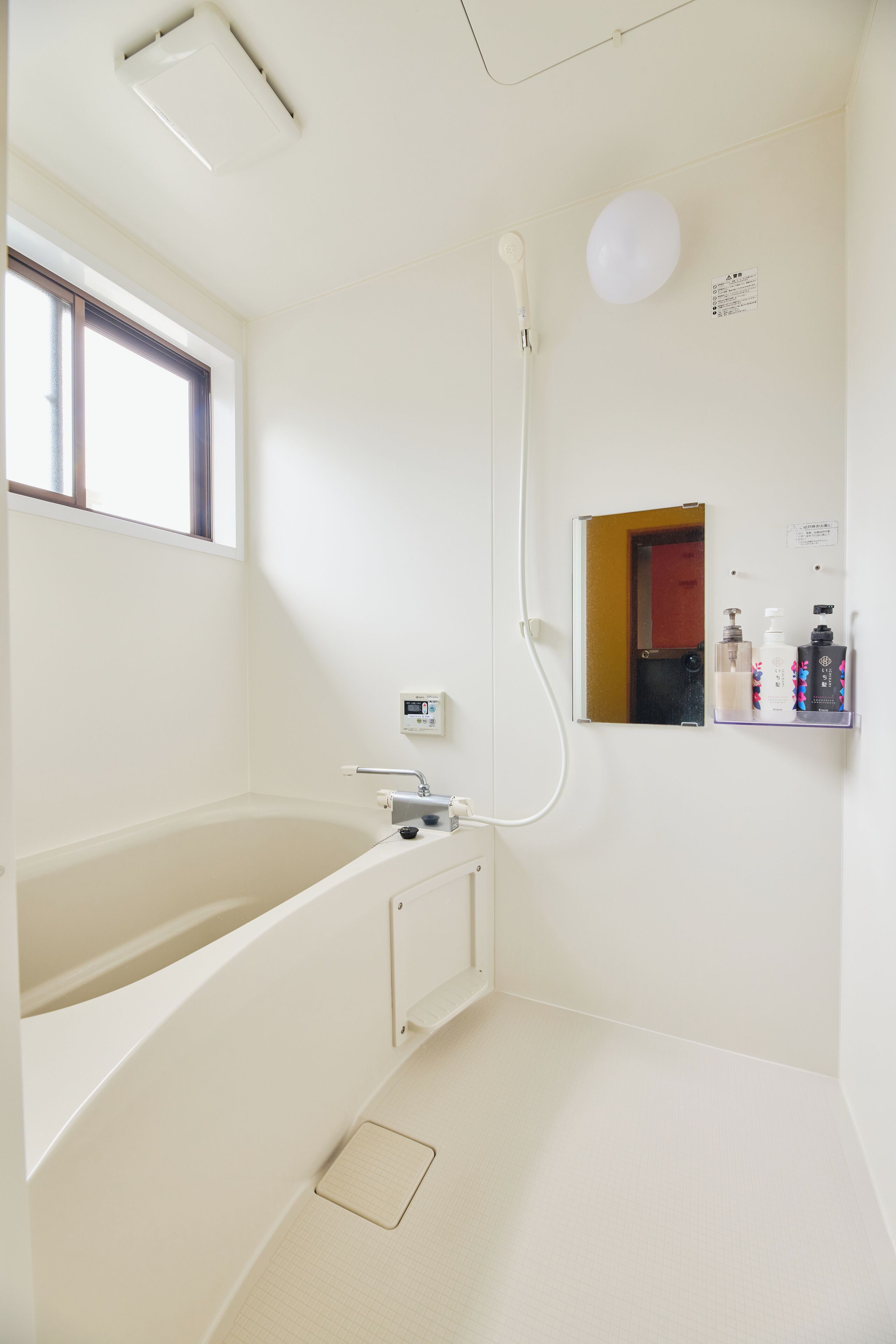 A bathroom with a bathtub, a shower, a window, and a mirror.
