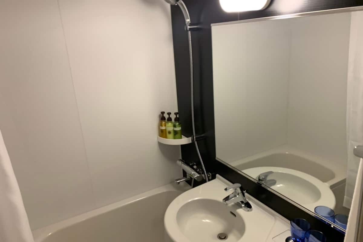 combined shower/bathtub, hydromassage showerhead, free toiletries