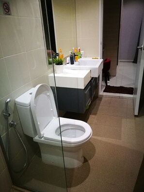 Features a white toilet, glass-enclosed shower, and a sink with a grey countertop.