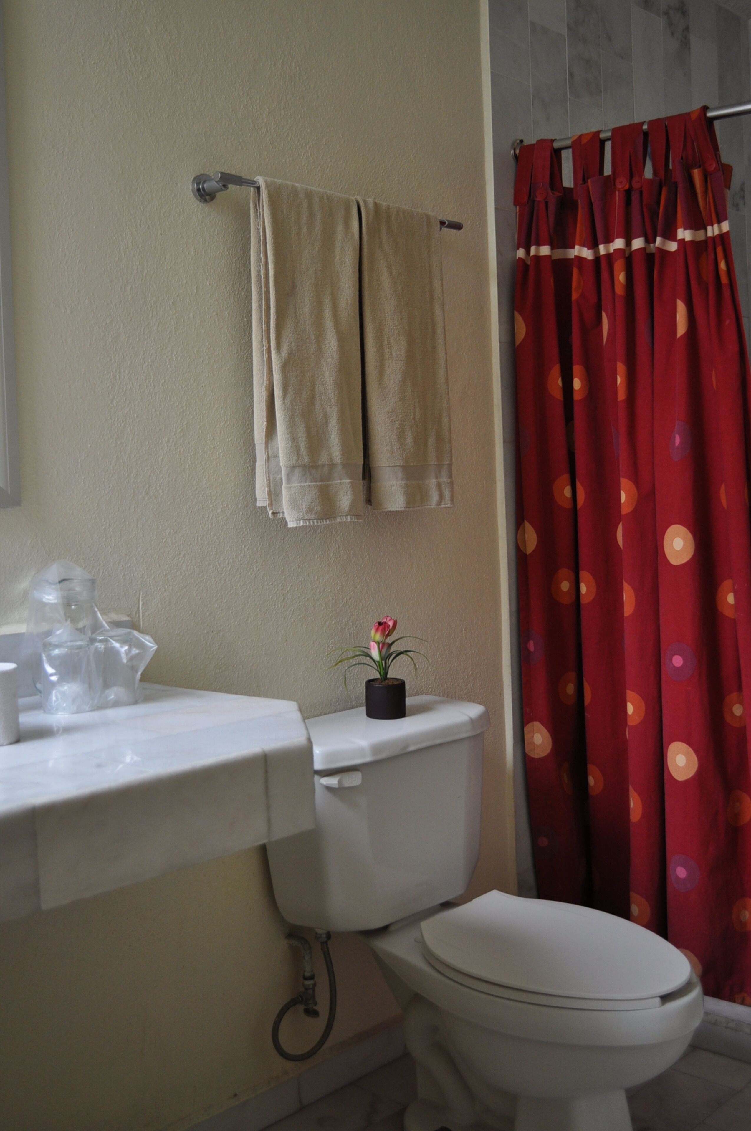 A bathroom with a toilet, sink, and a towel rack.