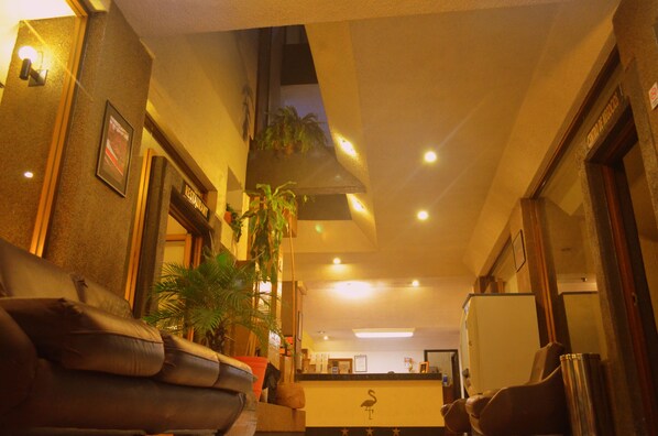 A hotel lobby with a reception desk, a sofa, and a potted plant.