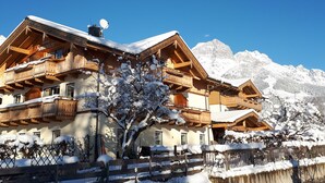 A traditional wooden chalet with balconies, a snow-covered tree in front, and a mountain backdrop. - Hotel Sonnenlicht (Maria Alm am Steinernen Meer)