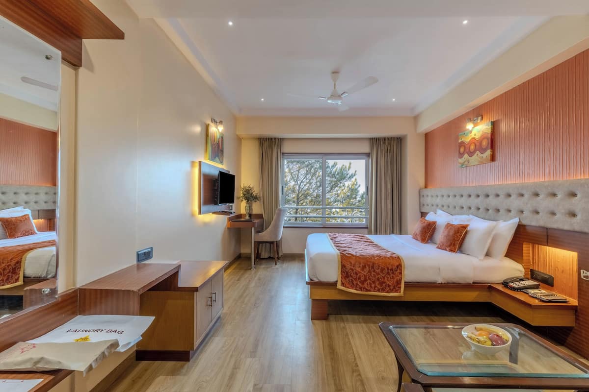 A hotel room with a bed, a desk, a chair, a TV, and a balcony with a view.