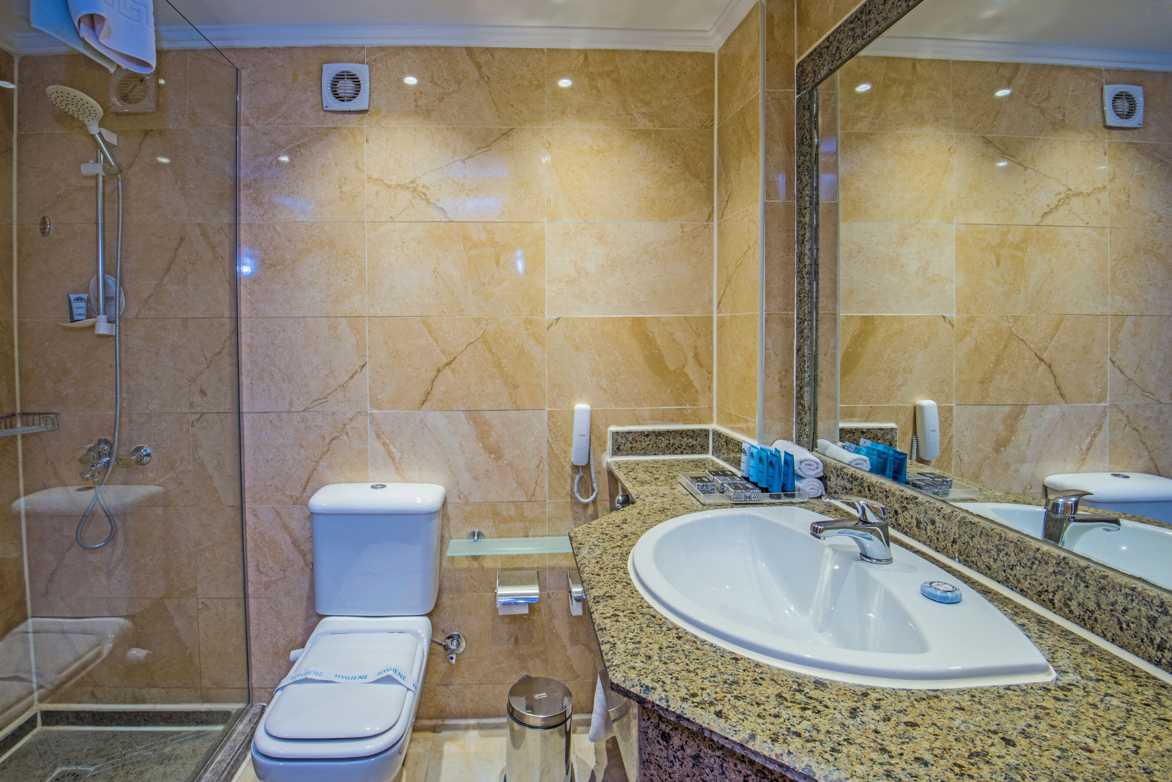 Une salle de bain équipée d’un lavabo, d’un miroir, de toilettes et d’une douche.