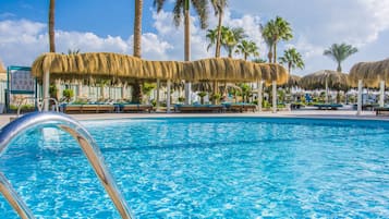 5 outdoor pools, open 6:00 AM to 6:00 PM, pool loungers