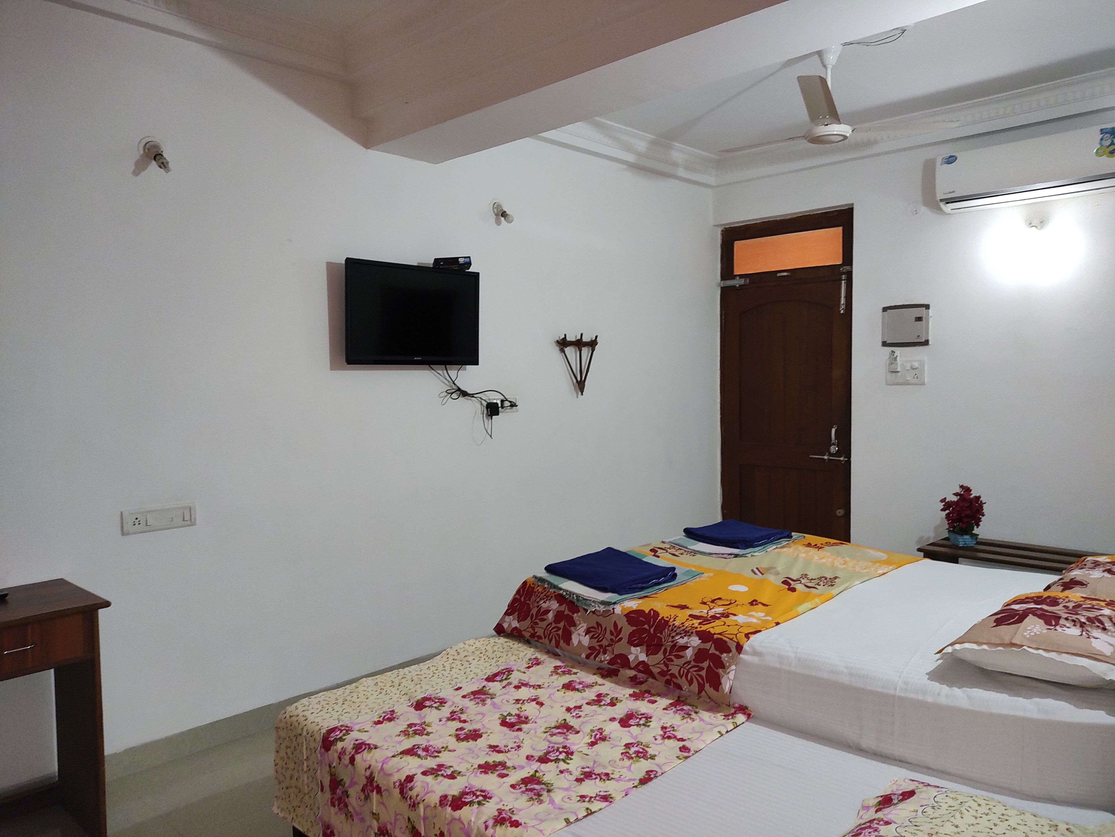 A room with two beds, a flat-screen TV mounted on the wall, a wooden door, and a small table with a plant.