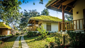 Una casa tradizionale con tetto di paglia, un vialetto in pietra e vegetazione lussureggiante.