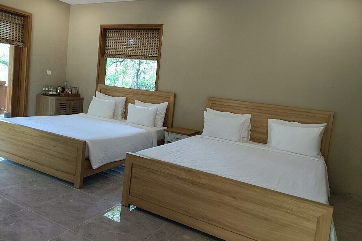 A hotel room with two wooden beds, a small bedside table, a nightstand, and a window with a view of greenery.