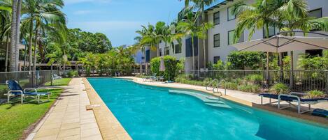 A swimming pool with lounge chairs and palm trees.