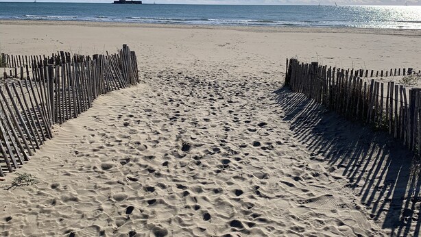 Ein Sandstrand mit Fußspuren, die zum Wasser führen, eine Holzzahlung und ein Schiff in der Ferne.